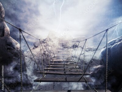 Fototapete Eine Hängebrücke im Sturm über einem Abgrund