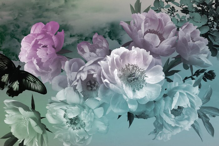 Fototapete Eine Komposition aus Pfingstrosen und Schmetterlingen