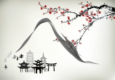 Fototapete Eine orientalische Landschaft mit dem Fuji