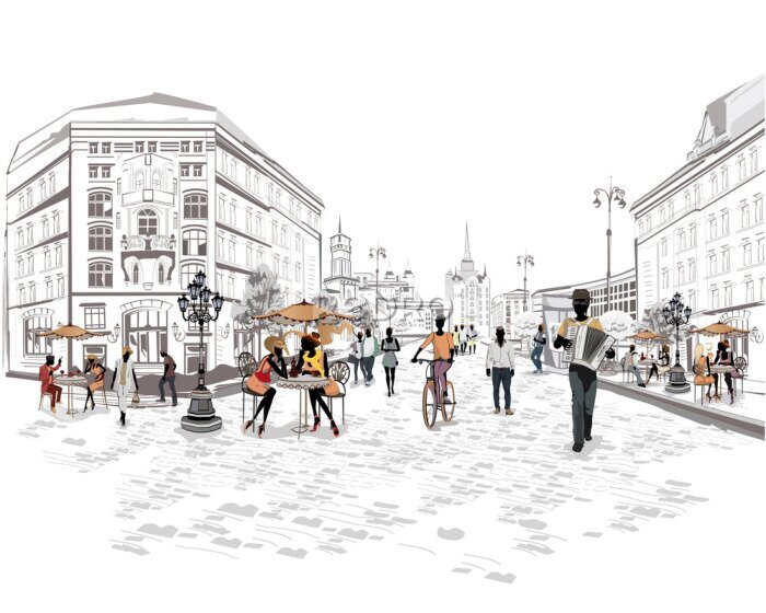 Fototapete Eine Straße mit Fußgängern