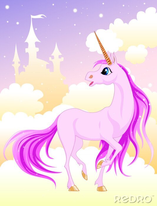 Fototapete Einhorn und Burg in den Wolken