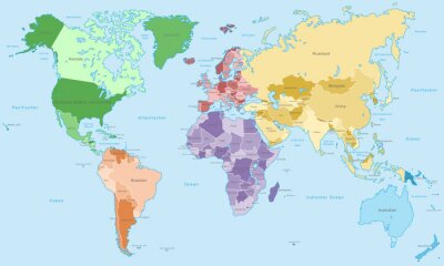 Fototapete Einzelne Kontinente auf Weltkarte