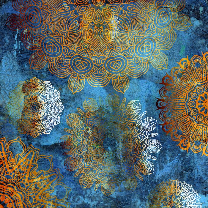 Fototapete Elegante Mandalas auf blauem Hintergrund