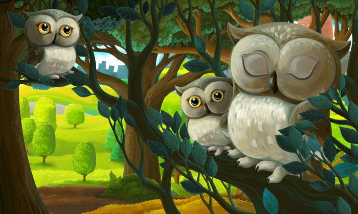 Fototapete Eulen wie aus dem Cartoon auf einem Ast sitzend