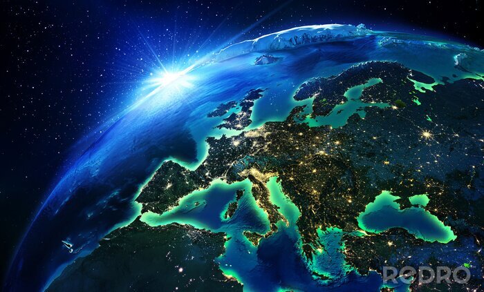 Fototapete Europa vom Weltraum aus bei Nacht