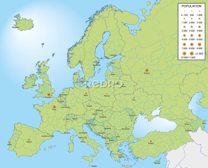 Fototapete Europäischen Ländern mit Provinzen und der Hauptstadt Bevölkerung