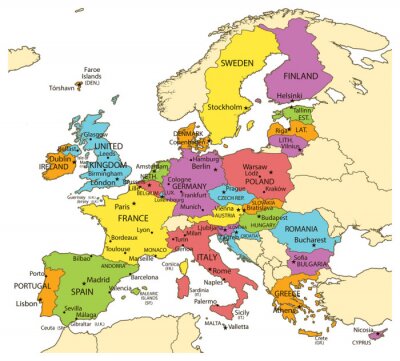 Europakarte mit Ländern und Städten