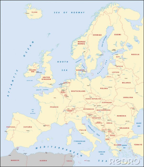 Fototapete Europakarte mit roten Aufschriften