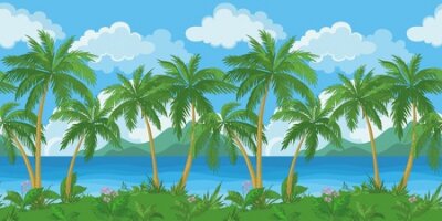 Fototapete Exotic seamless background, tropical landscape, sea island with green palm trees and flowers and cloudy sky. Vecto