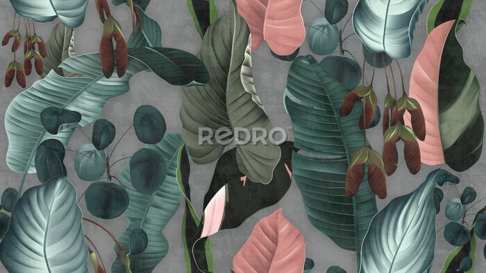 Fototapete Exotische 3D-Blätter auf Betonhintergrund in Grautönen