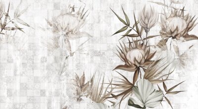 Exotische Blumen auf einem Hintergrund mit subtilen Ornamenten