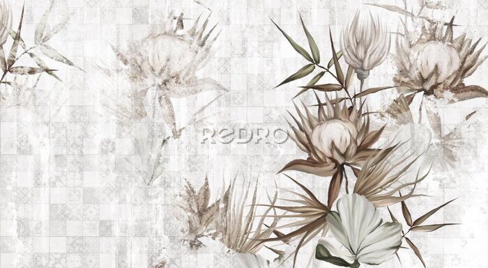 Fototapete Exotische Blumen auf einem Hintergrund mit subtilen Ornamenten