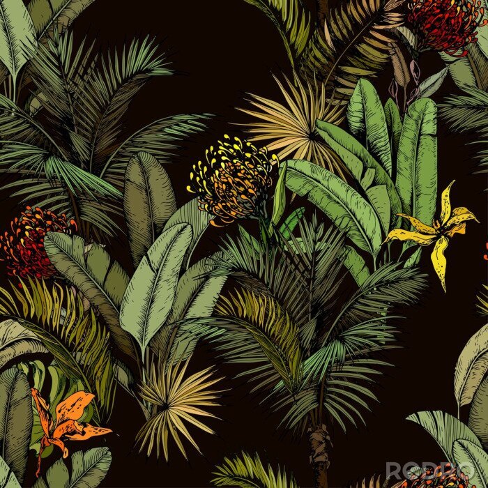 Fototapete Exotische Blumen inmitten von tropischen Blättern auf schwarzem Hintergrund