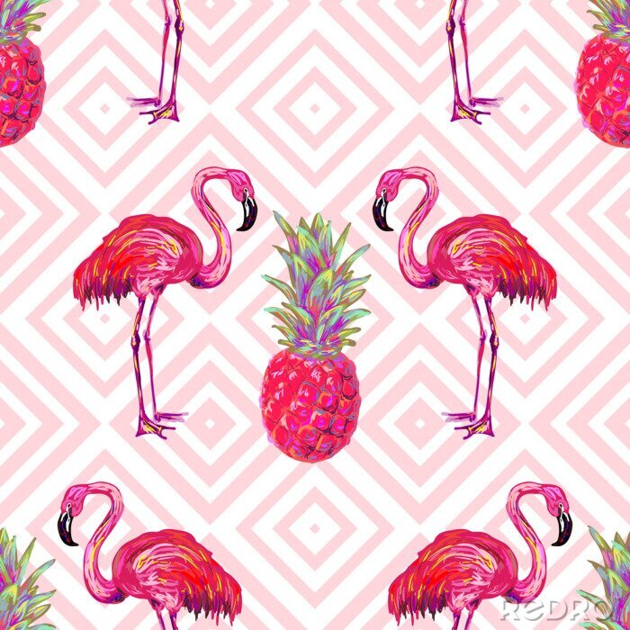 Fototapete Exotische Vögel thematisieren Flamingos und Ananas