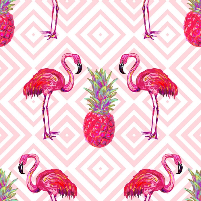 Fototapete Exotische Vögel thematisieren Flamingos und Ananas