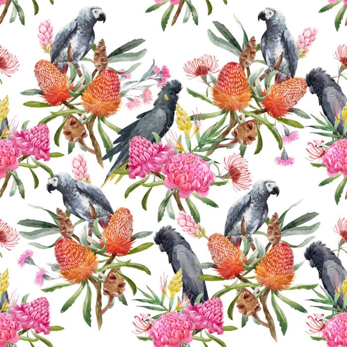 Fototapete Exotische Vögel zwischen roten Blumen