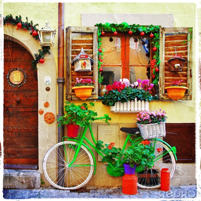 Fototapete Fahrrad mit blumen vor fenster