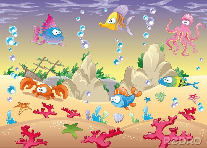 Fototapete Familie von Meerestieren im Meer. Vektor-Illustration