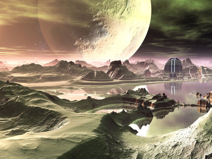 Fototapete Fantastische Landschaft mit Planeten