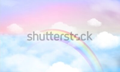 Fototapete Fantasy magical landscape rainbow on sky abstract big volume texture fluffy clouds shine close up view straight, cotton wool, pink purple pastel colors sun fabulous background