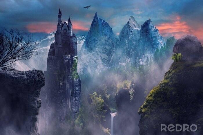 Fototapete Fantasy Schloss auf dem Felsen