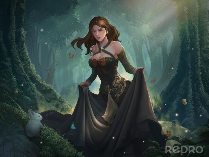 Fototapete Fantasywald mit einem Mädchen