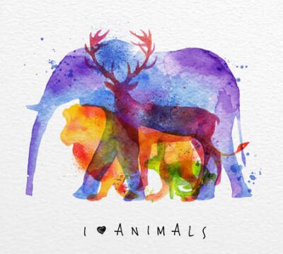 Fototapete Farbe Tiere, Elefanten, Hirsche, Löwen, Kaninchen, Zeichnung Überdruck auf Aquarell Papier Hintergrund Schriftzug Ich liebe Tiere