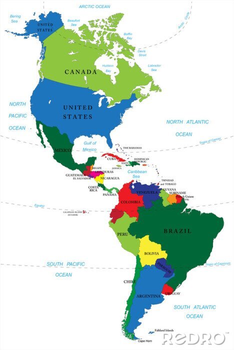 Fototapete Farbenfrohe Karte von Nord- und Südamerika