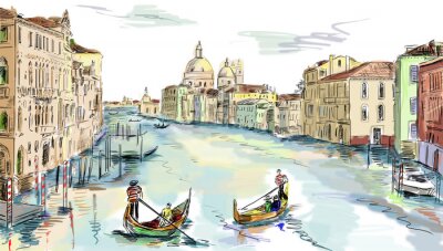 Fototapete Farbenfrohe Skizze des Panoramas von Venedig