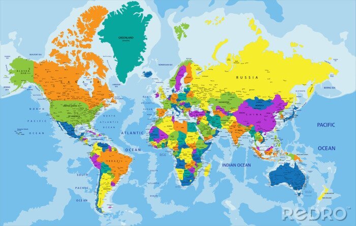 Fototapete Farbenfrohe Weltkarte und Ozeane