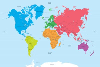 Fototapete Farbenreiche Kontinente auf Weltkarte