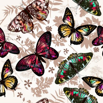 Fototapete Farbige Schmetterlinge und braune Blätter