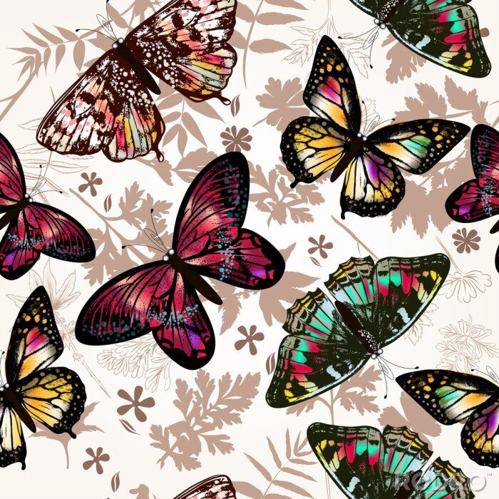 Fototapete Farbige Schmetterlinge und braune Blätter