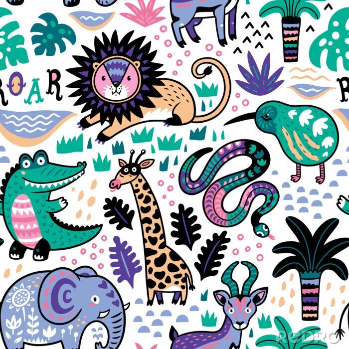 Fototapete Fashion Safari nahtlose Muster mit Dschungel Tiere in Vektor