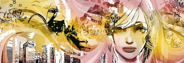 Fototapete Fashionable, abstract, simple, grunge, geometric, street background, color gradient. Vector illustration for Wallpaper, banner, background, postcard, painting, girl, pink, yellow