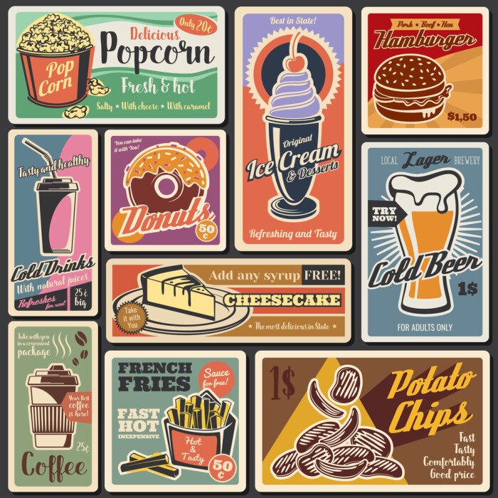 Fototapete Fast food burgers, hot dogs, desserts retro menu
