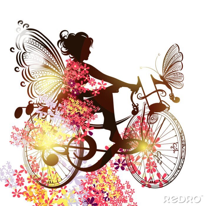 Fototapete Fee mit einem Fahrrad zwischen Schmetterlingen