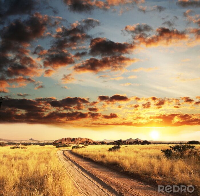 Fototapete Felder und Sonnenuntergang