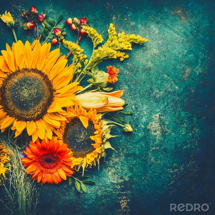 Fototapete Feldsonnenblumen auf grünem Hintergrund