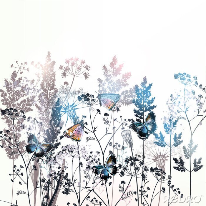 Fototapete Feldwiese mit Schmetterlingen
