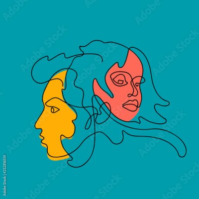 Fototapete Female and male face continuous line, drawing of set faces and hairstyle. Fashion concept, woman beauty minimalist. For t-shirt, slogan design print graphics style. Vector illustration.