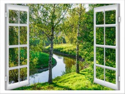 Fototapete Fenster mit Blick auf einen Fluss in einem grünen Park