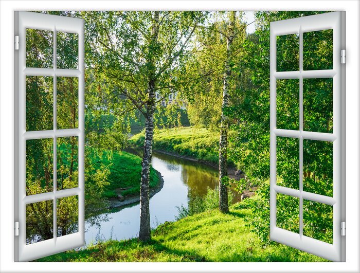 Fototapete Fenster mit Blick auf einen Fluss in einem grünen Park