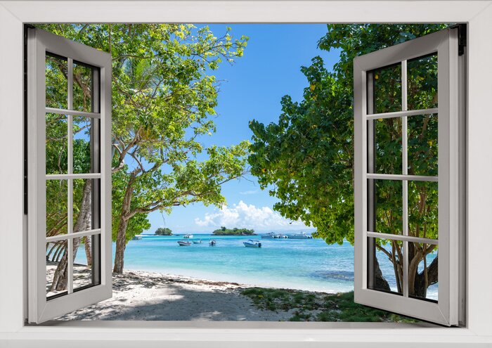 Fototapete Fenster mit Blick auf einen tropischen Strand und das Meer