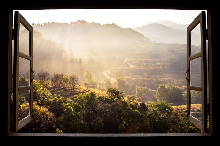 Fototapete Fenster zu einer schönen Landschaft