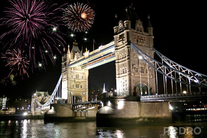 Fototapete Feuerwerk Feier über Tower Bridge bei Nacht