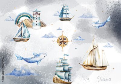 Fototapete Fische Schiff und Leuchtturm Aquarellmuster für Kinder