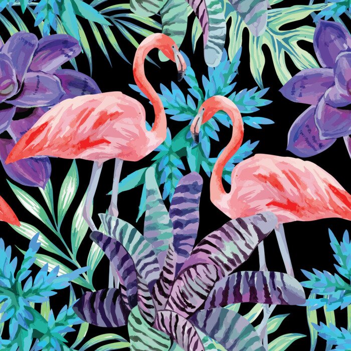 Fototapete Flamingo Aquarell und exotischen Pflanzen Muster