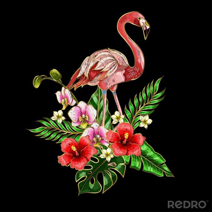 Fototapete Flamingo mit Blumen auf schwarzem Hintergrund