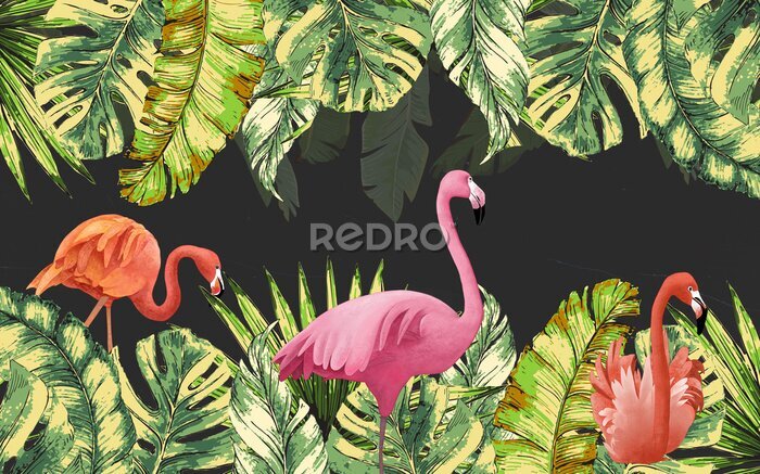 Fototapete Flamingos 3D inmitten von tropischen Blättern